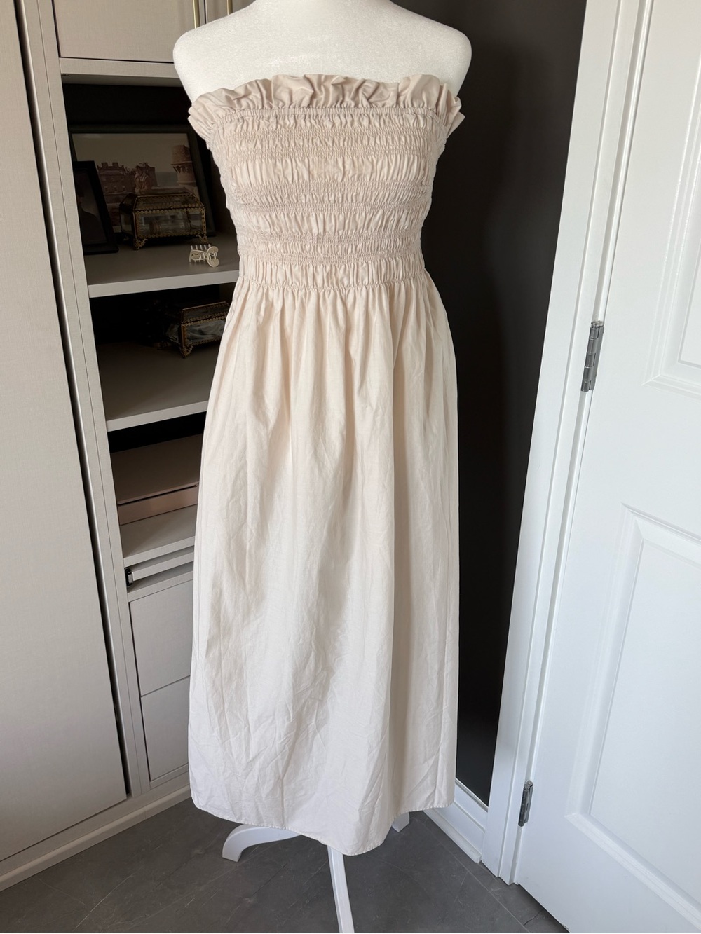 H&M Strapless Smocked Maxi Dress in Light Cream